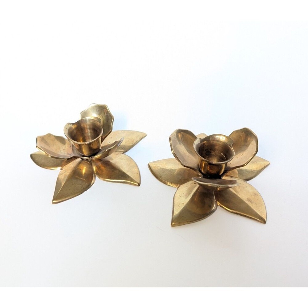 Pair of Vintage Brass Lotus Flower Candlestick Holders Made in India